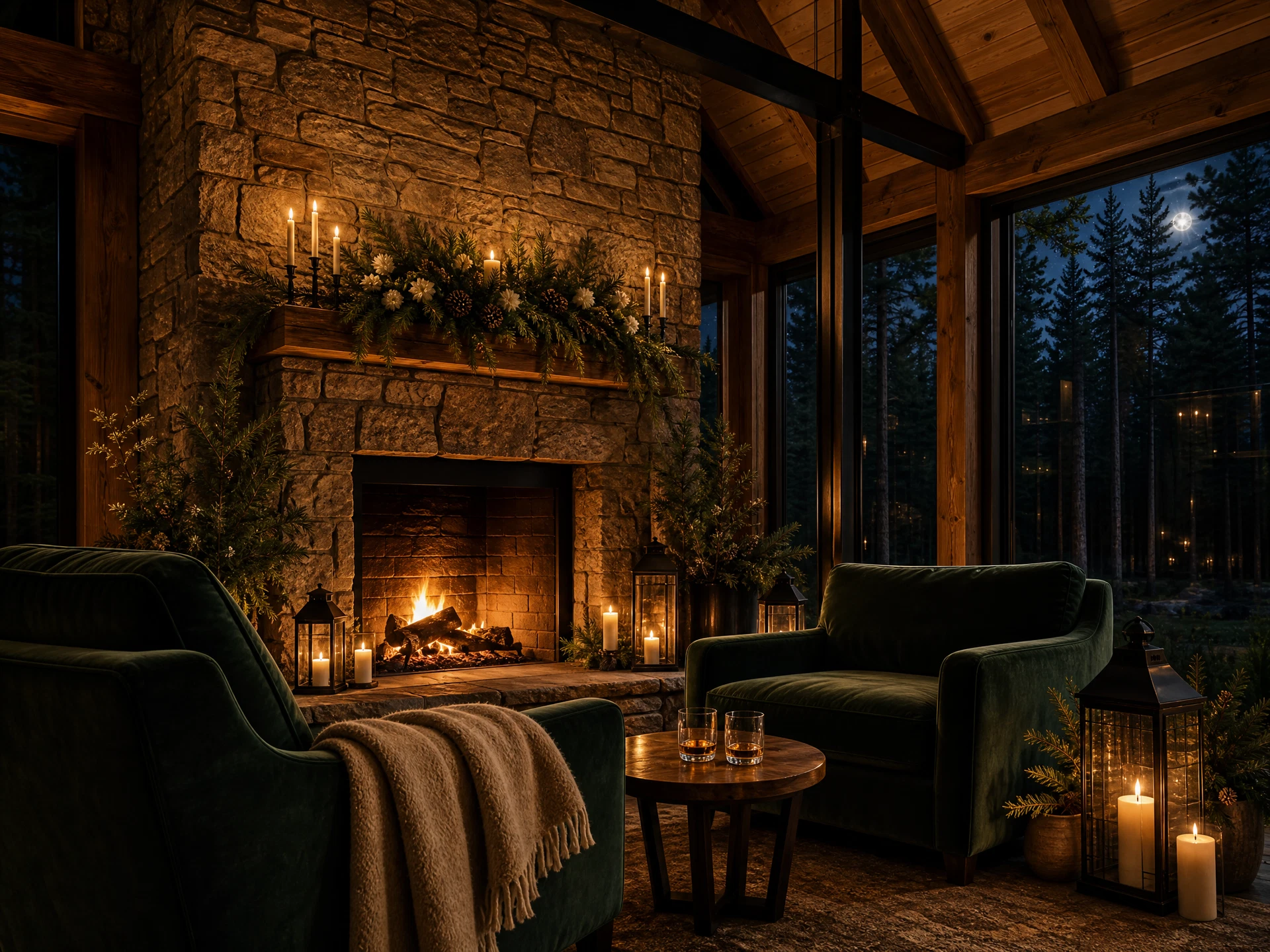A fireside lounge corner with forest-green velvet armchairs beside a grand fieldstone fireplace
