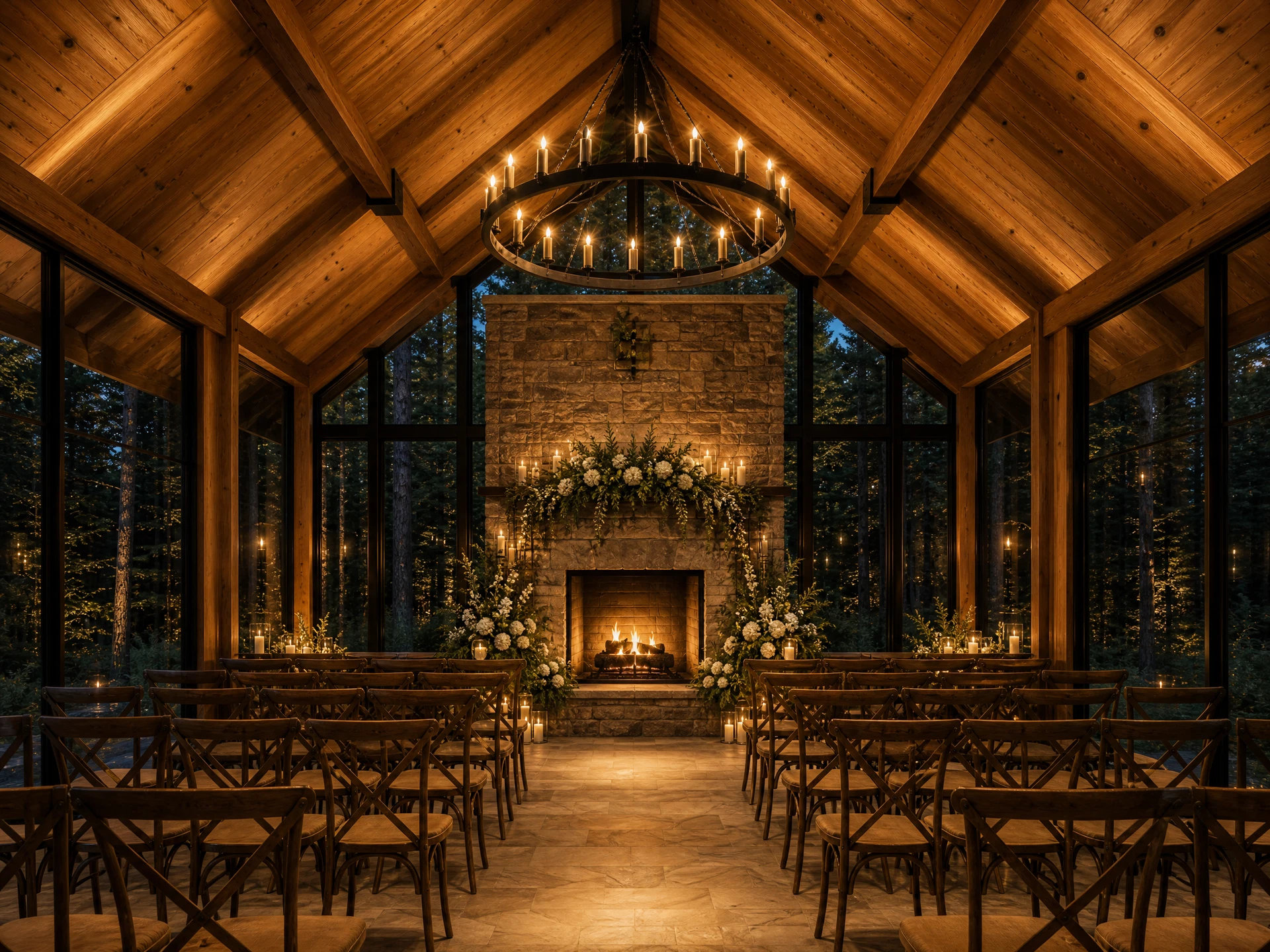 The ceremony hall of The Gathering House — timber beams, glass walls, and a stone fireplace dressed in white hydrangea