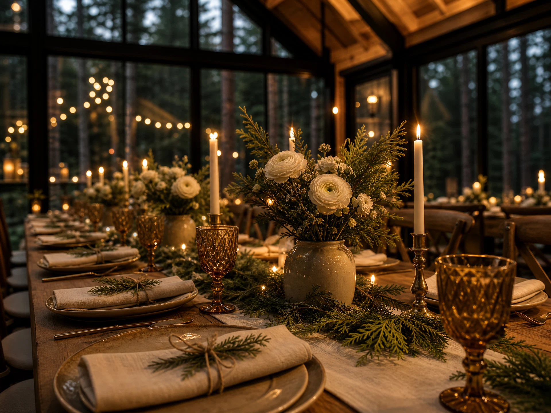 A candlelit dinner table detail with ceramic plates, brass candlesticks, and fresh pine sprigs