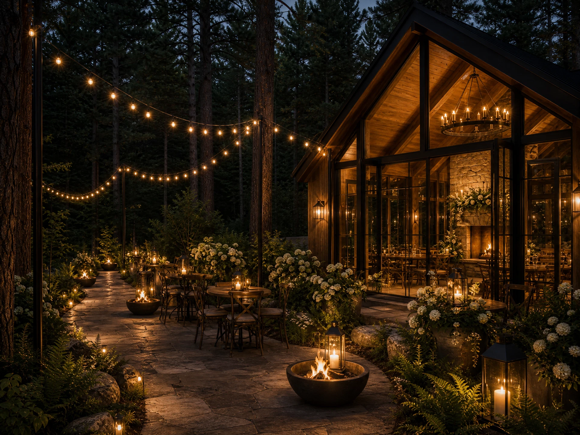 The stone terrace of The Gathering House at twilight, lit by lanterns and fire bowls beneath the pines
